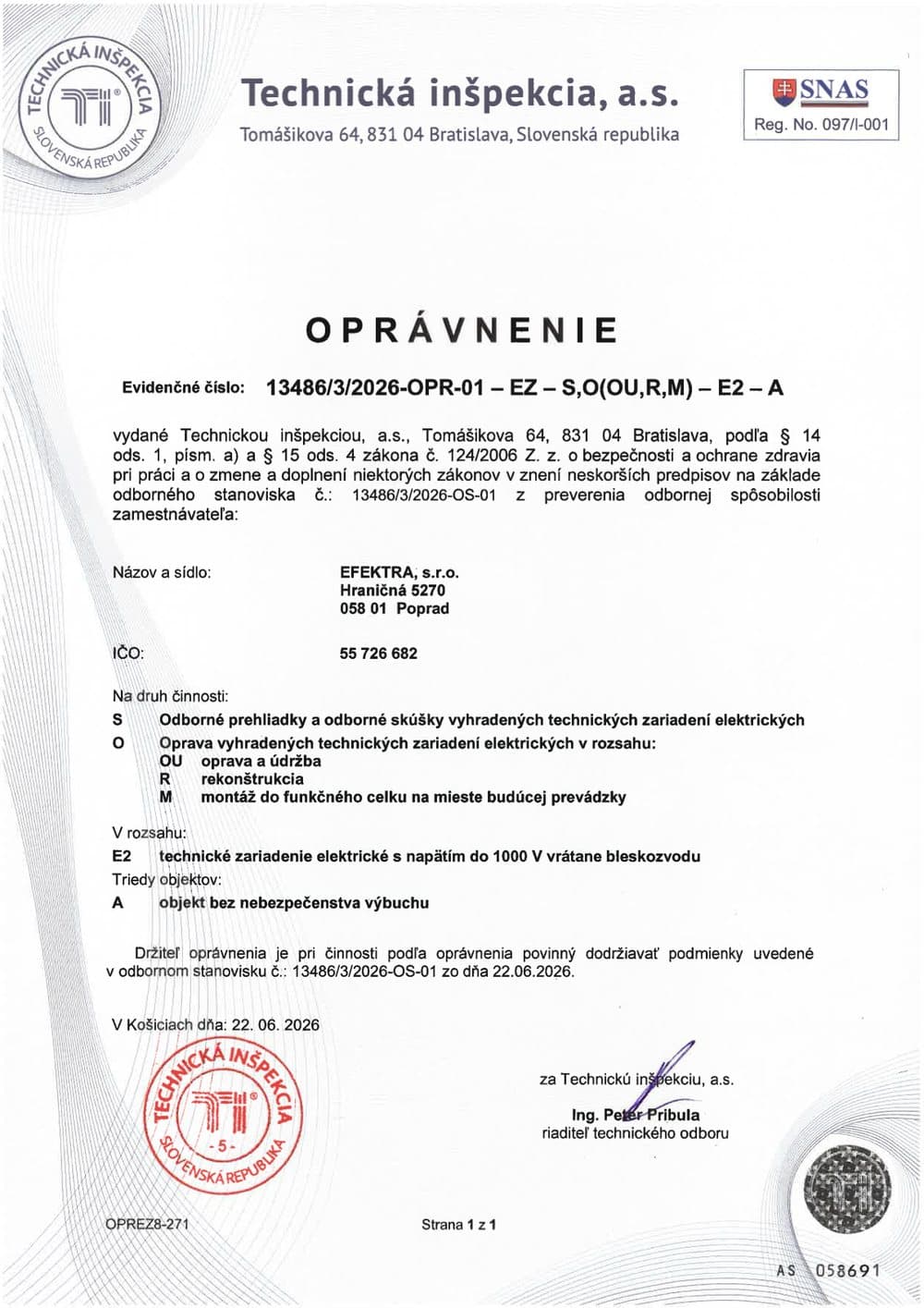 Oprávnenie Technickej inšpekcie, a.s. pre spoločnosť EFEKTRA, s.r.o. na vyhradené technické zariadenia elektrické