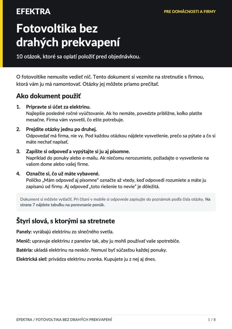 Ukážka prvej strany checklistu Fotovoltika bez drahých prekvapení
