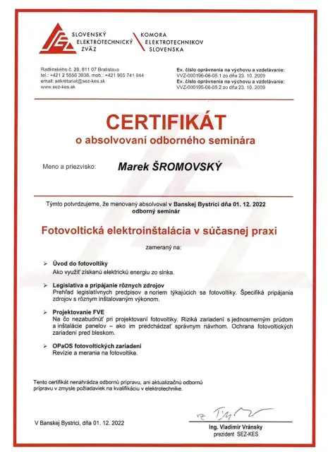 Certifikát SEZ-KES o absolvovaní odborného seminára Fotovoltická elektroinštalácia v súčasnej praxi