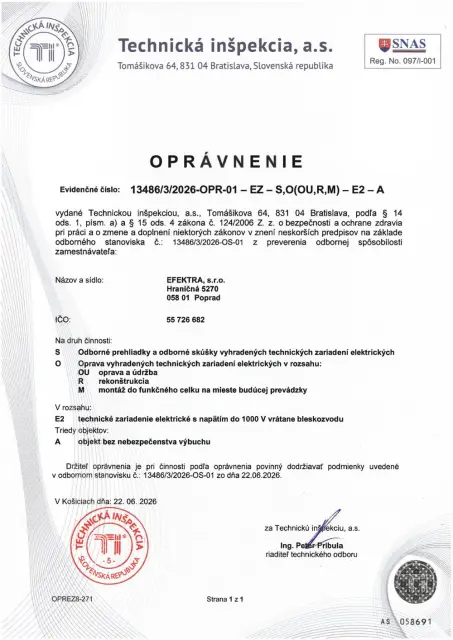 Oprávnenie Technickej inšpekcie, a.s. pre spoločnosť EFEKTRA, s.r.o. na vyhradené technické zariadenia elektrické