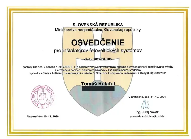 Osvedčenie Ministerstva hospodárstva SR pre inštalatérov fotovoltických systémov