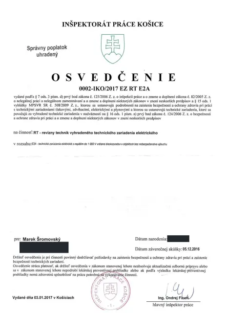 Osvedčenie revízneho technika vyhradených technických zariadení elektrických vydané Inšpektorátom práce Košice